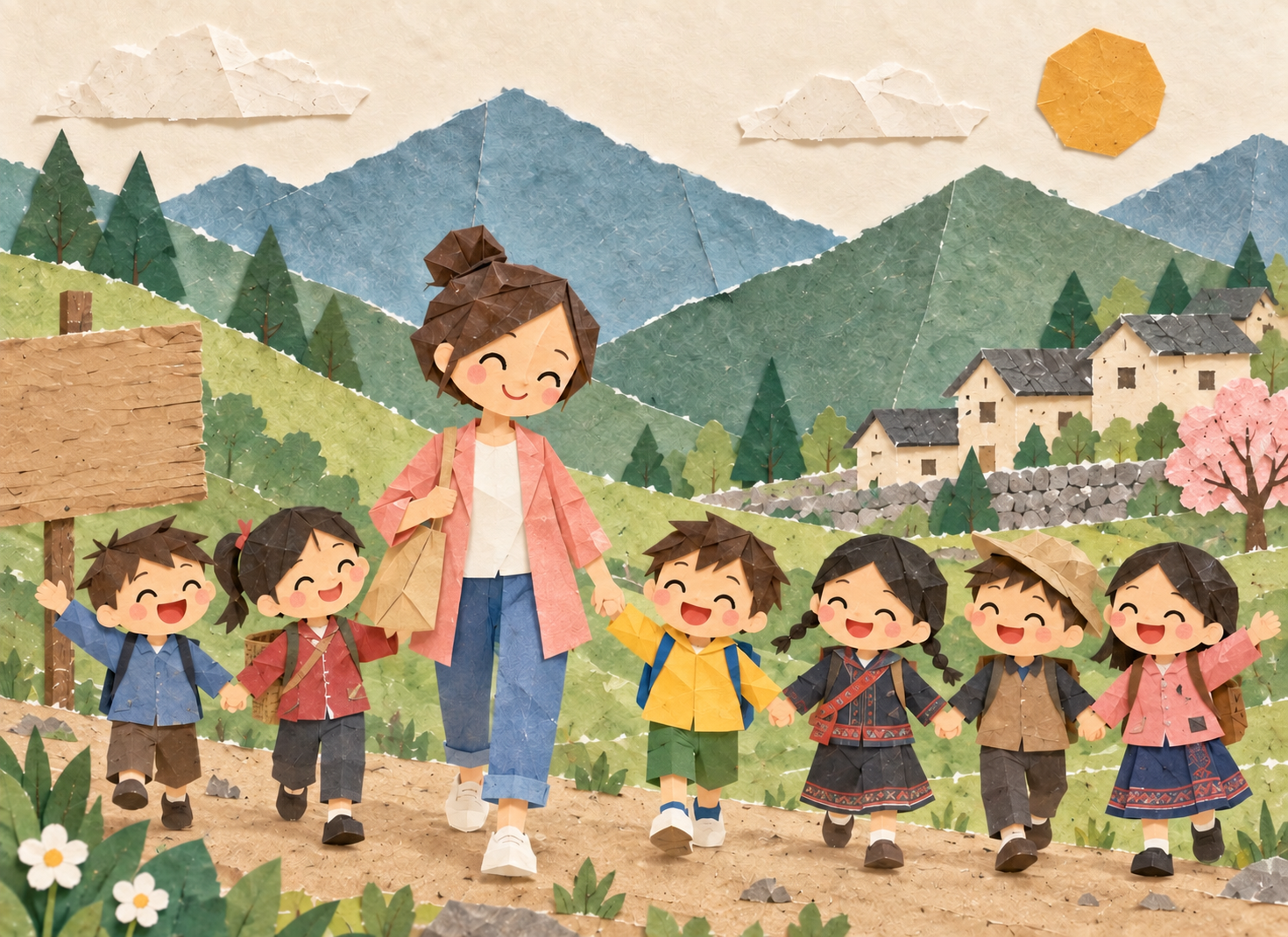 紙藝插畫：老師牽著孩子們的手，一起走過山間村落。